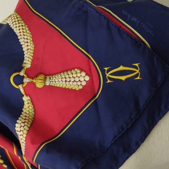 Vintage Authentic Must De Cartier Dark Blue  and Red Silk Square Scarf - Picture 3 of 9